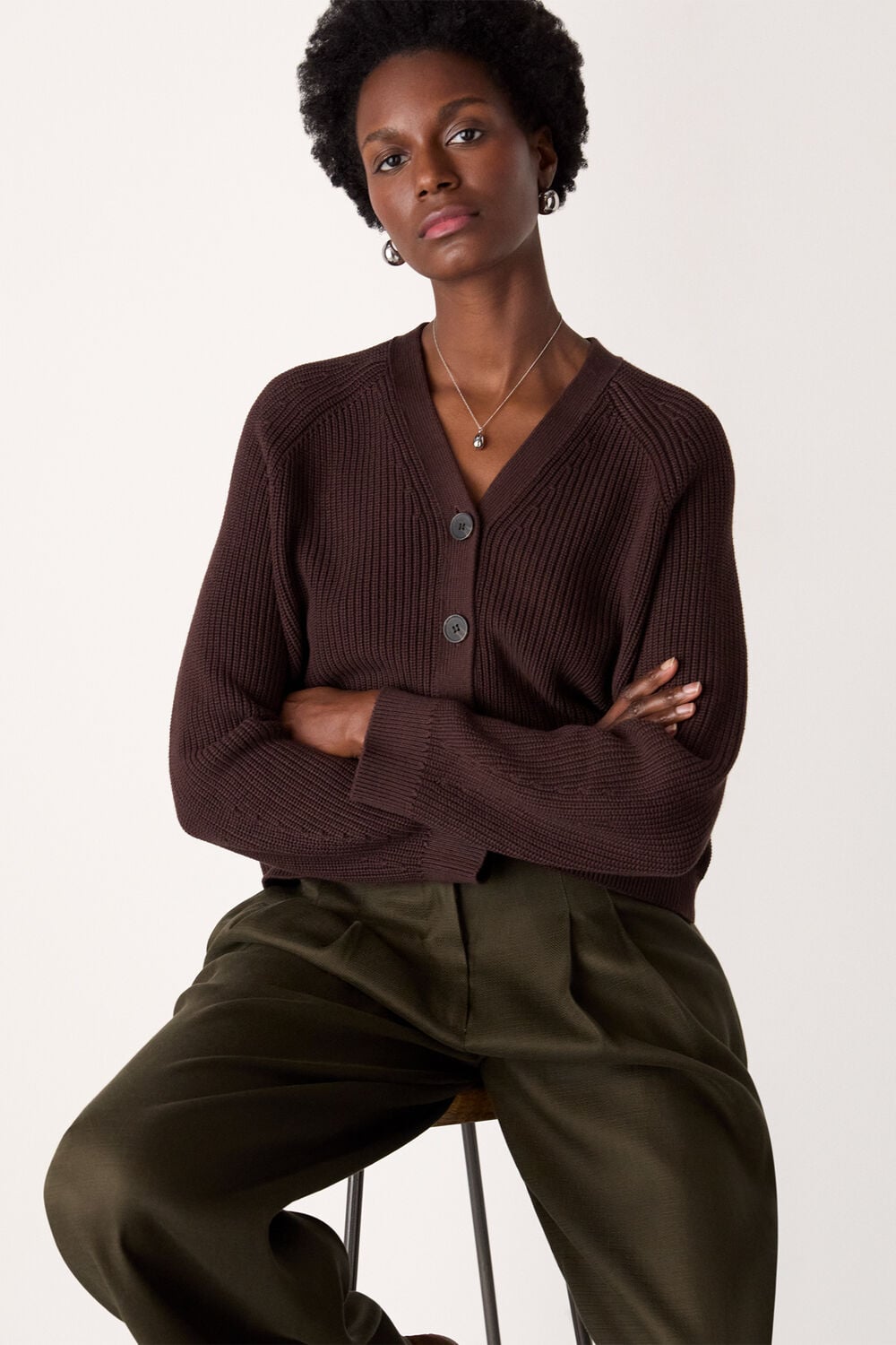 Brown V Neck Cotton Cardigan