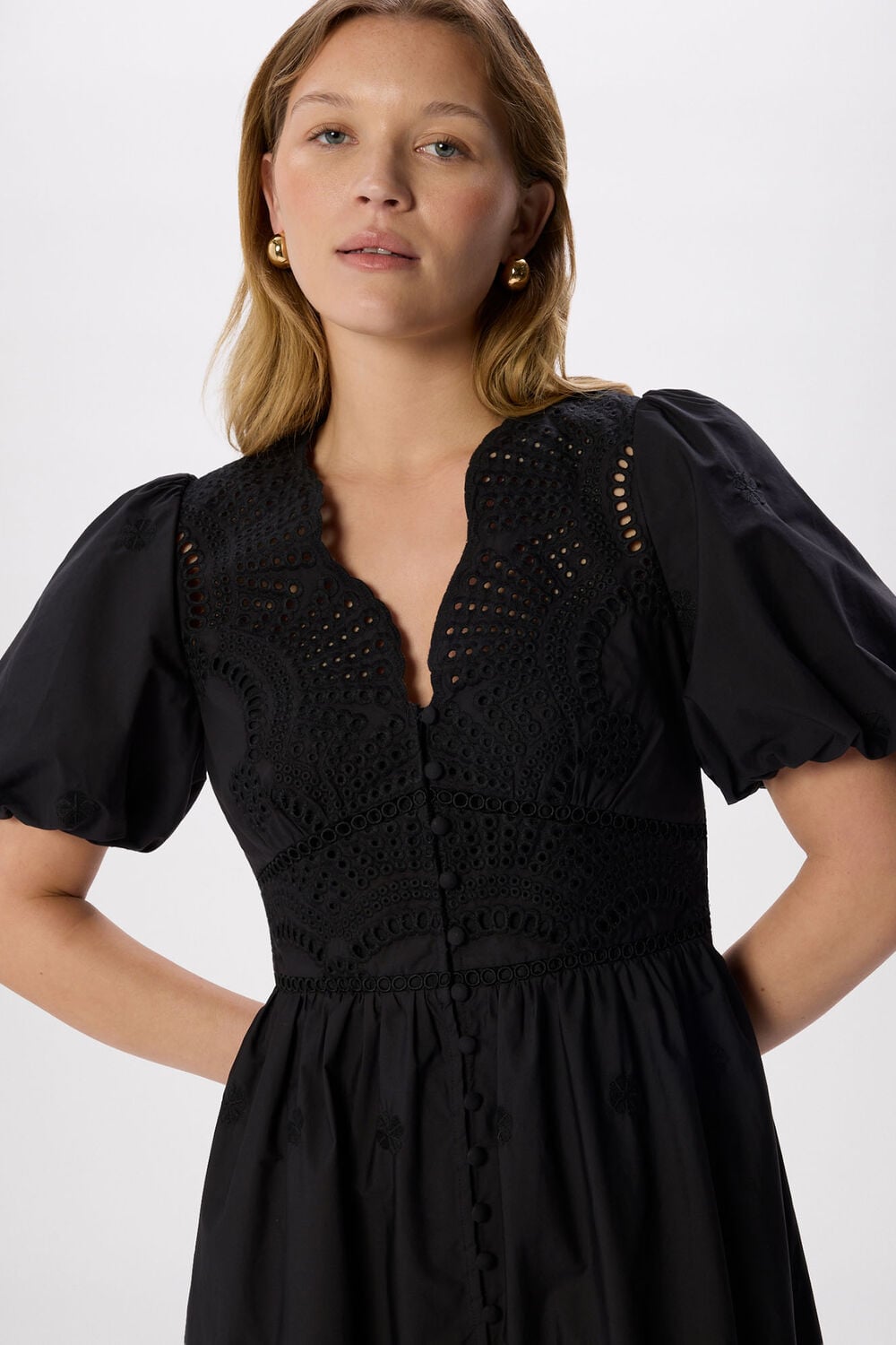 Black Cotton Broderie V Neck Dress