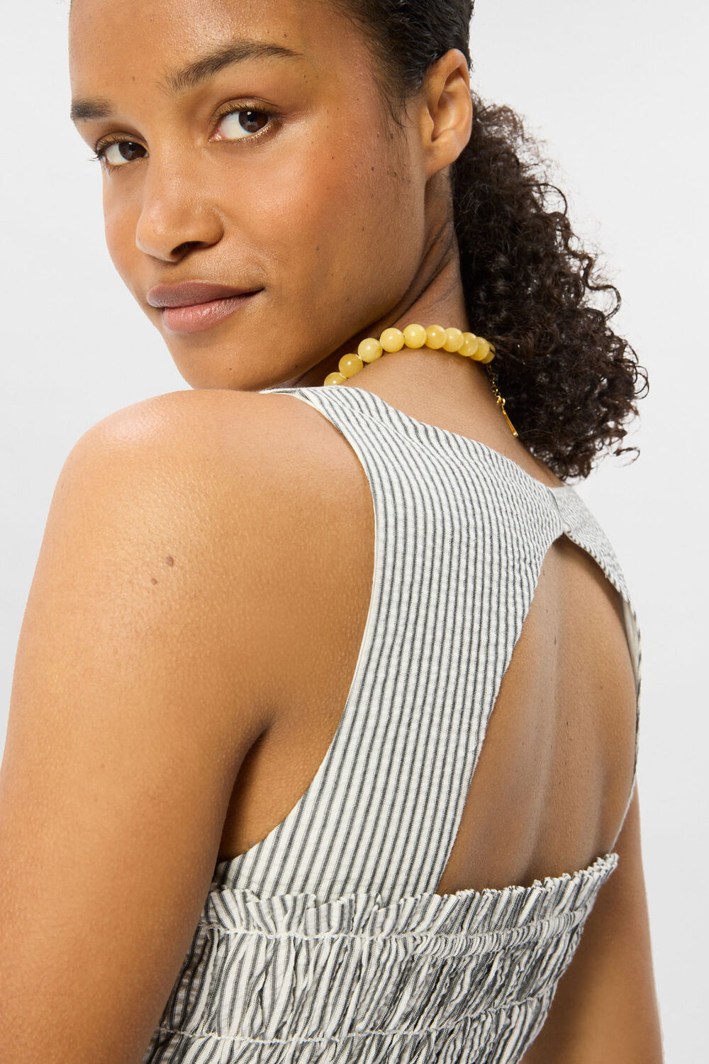 White Seersucker Ruched Bodice Dress