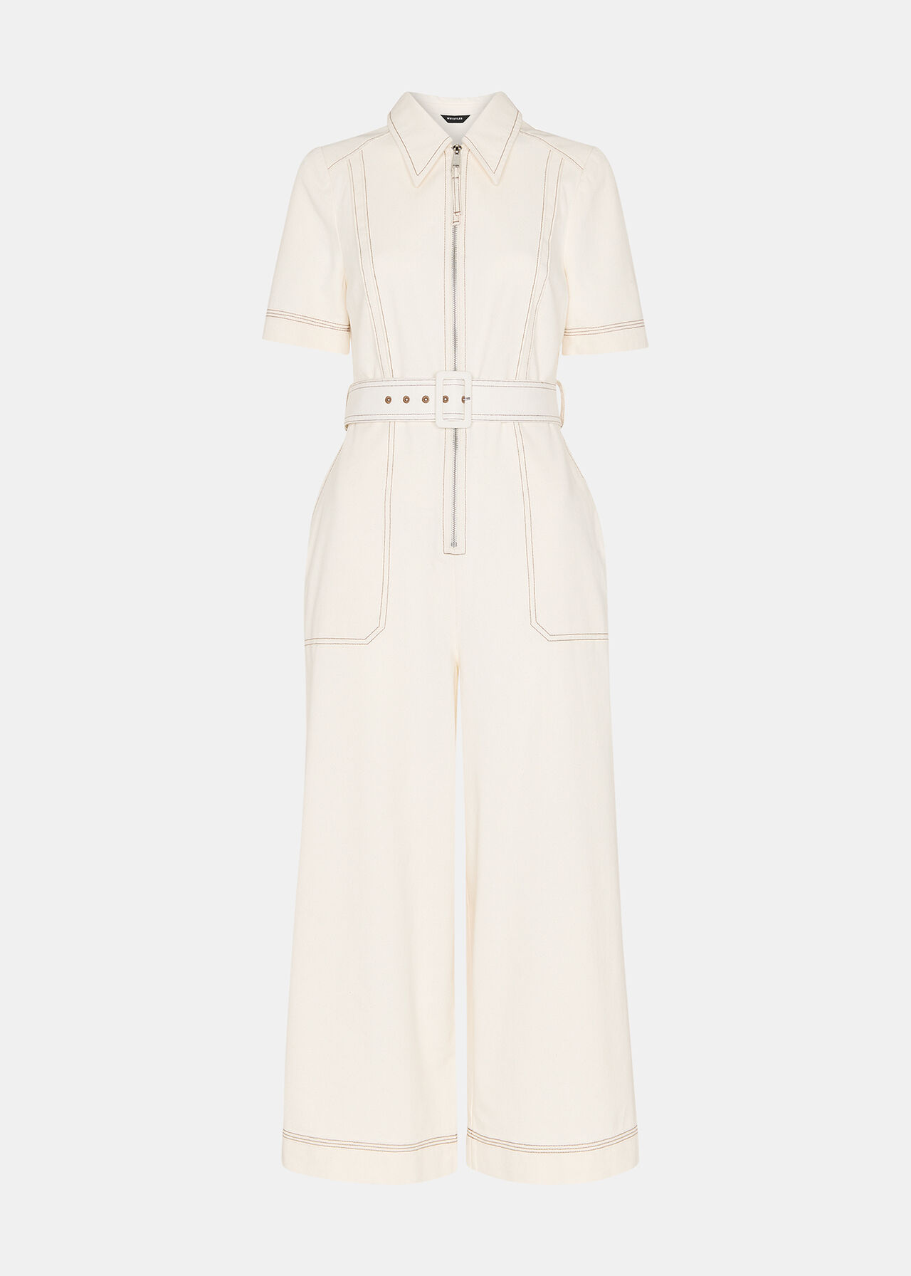 Petite Denim Pintuck Belted Jumpsuit