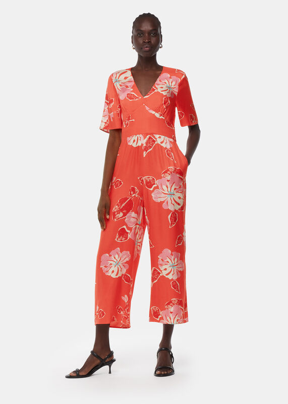 Coral Hibiscus Print Aimee Jumpsuit