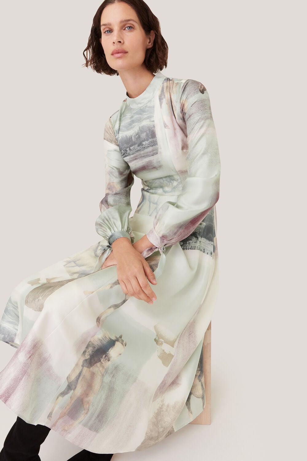 Ivory Wild Horse Print Silk Dress