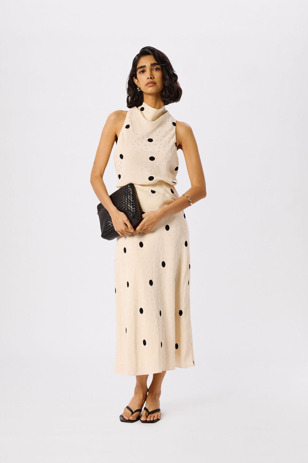 Cream Jacquard Spot Satin Halterneck