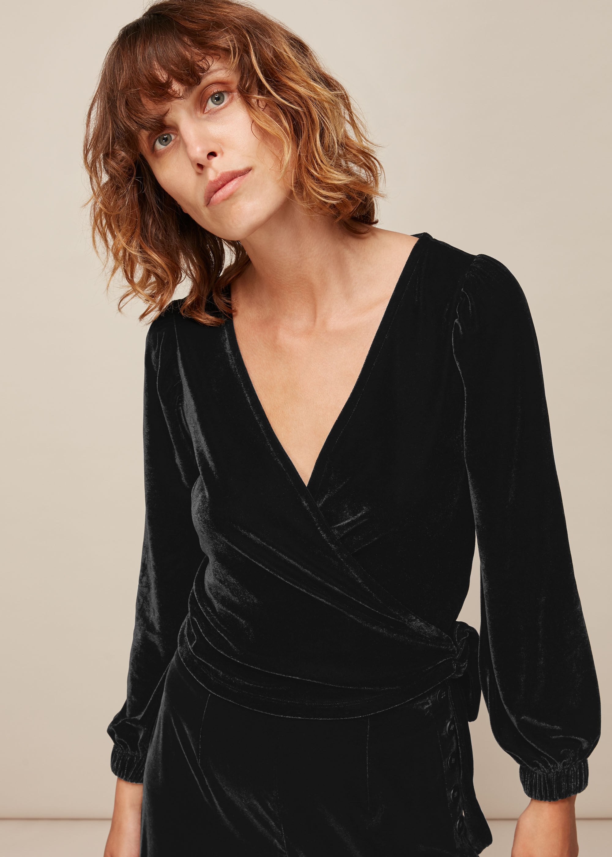 ウィッスルズ WHISTLES Velvet V Neck Wrap Top （Navy） Navy Velvet V Neck Wrap Top | WHISTLES | Whistles US |