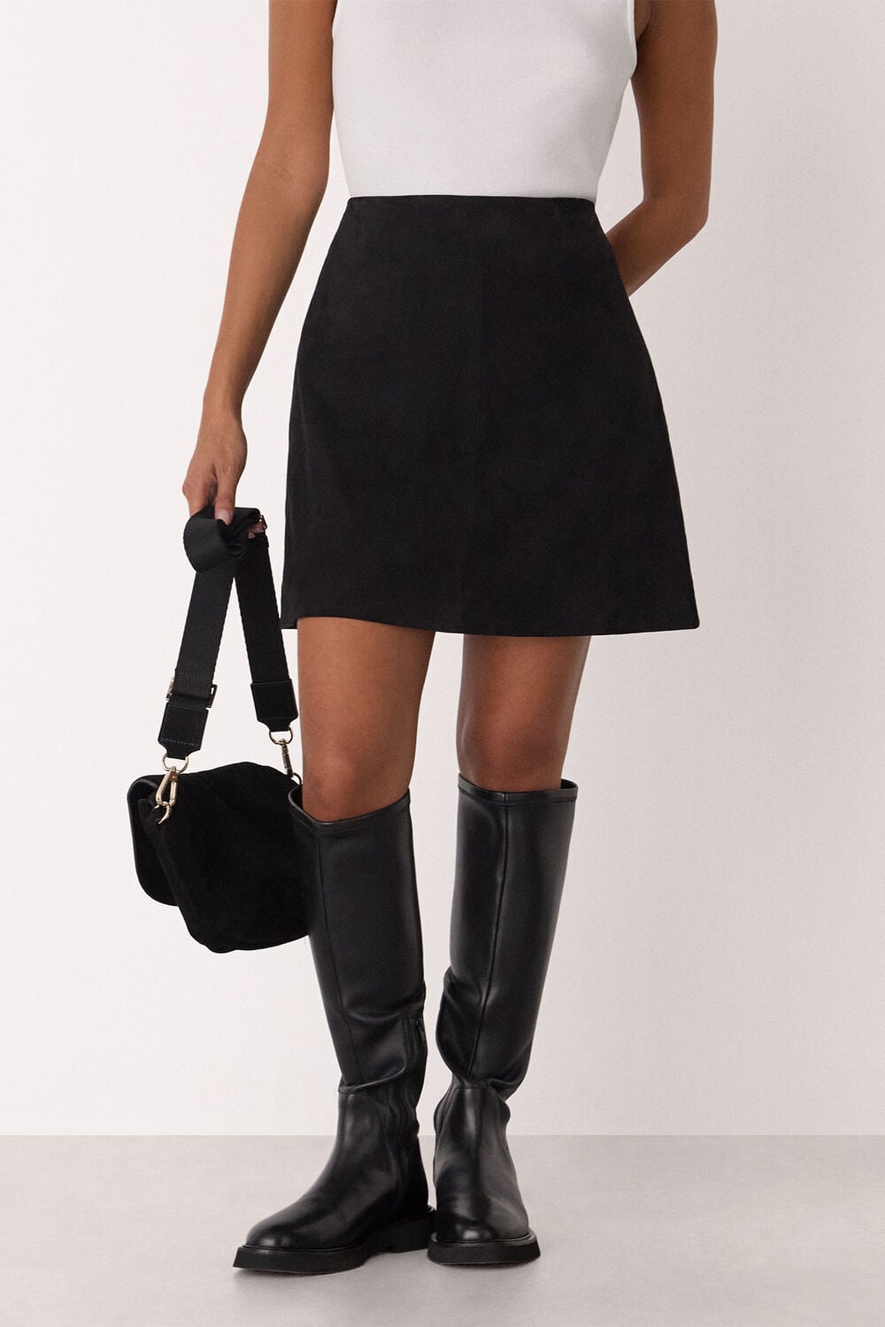 Black Petite Suede A Line Mini Skirt