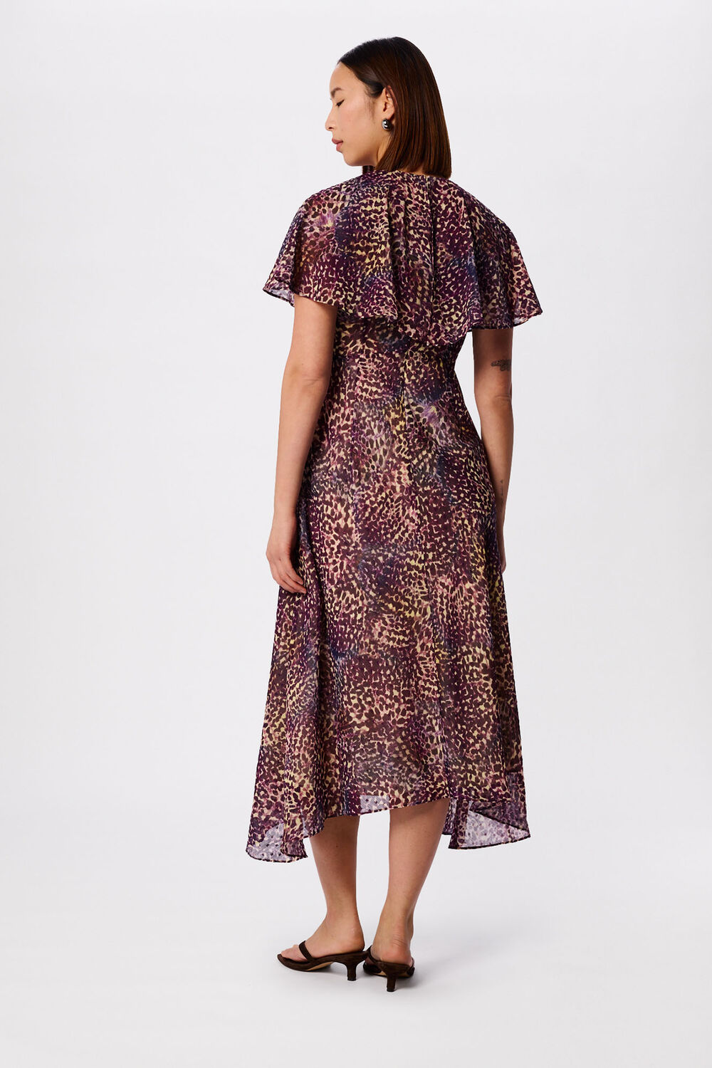 Purple Orchid Print V Neck Midi Dress