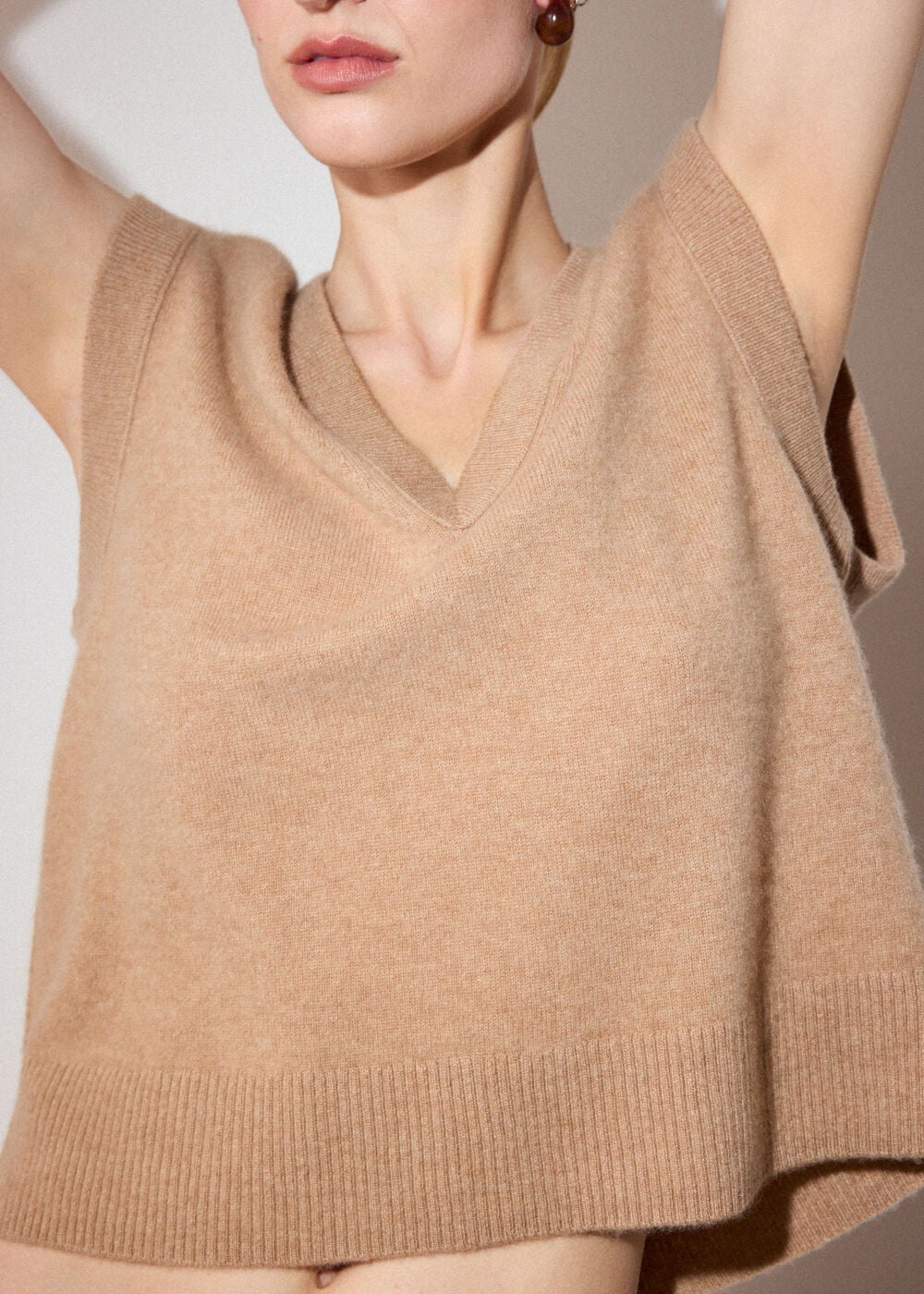 Camel Cashmere V Neck Tank