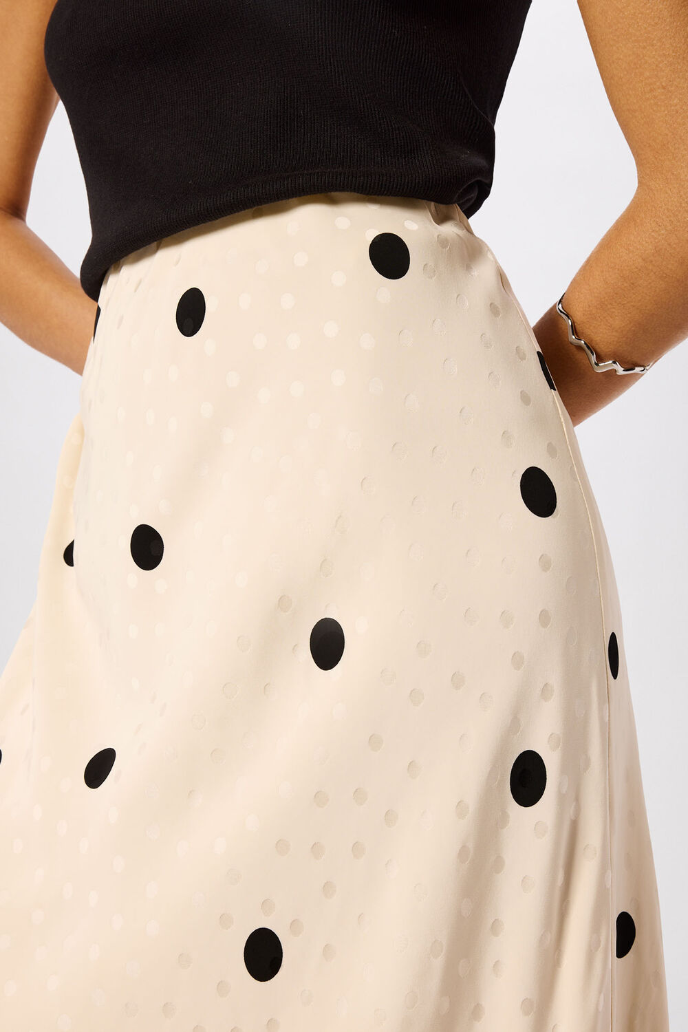 Cream Jacquard Spot Satin Midi Skirt