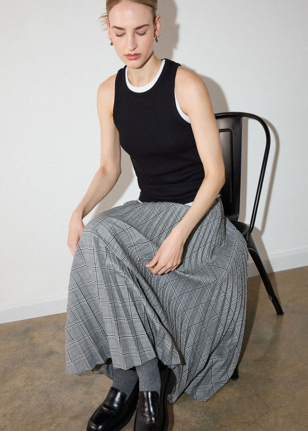 Check Pleated Midi Skirt