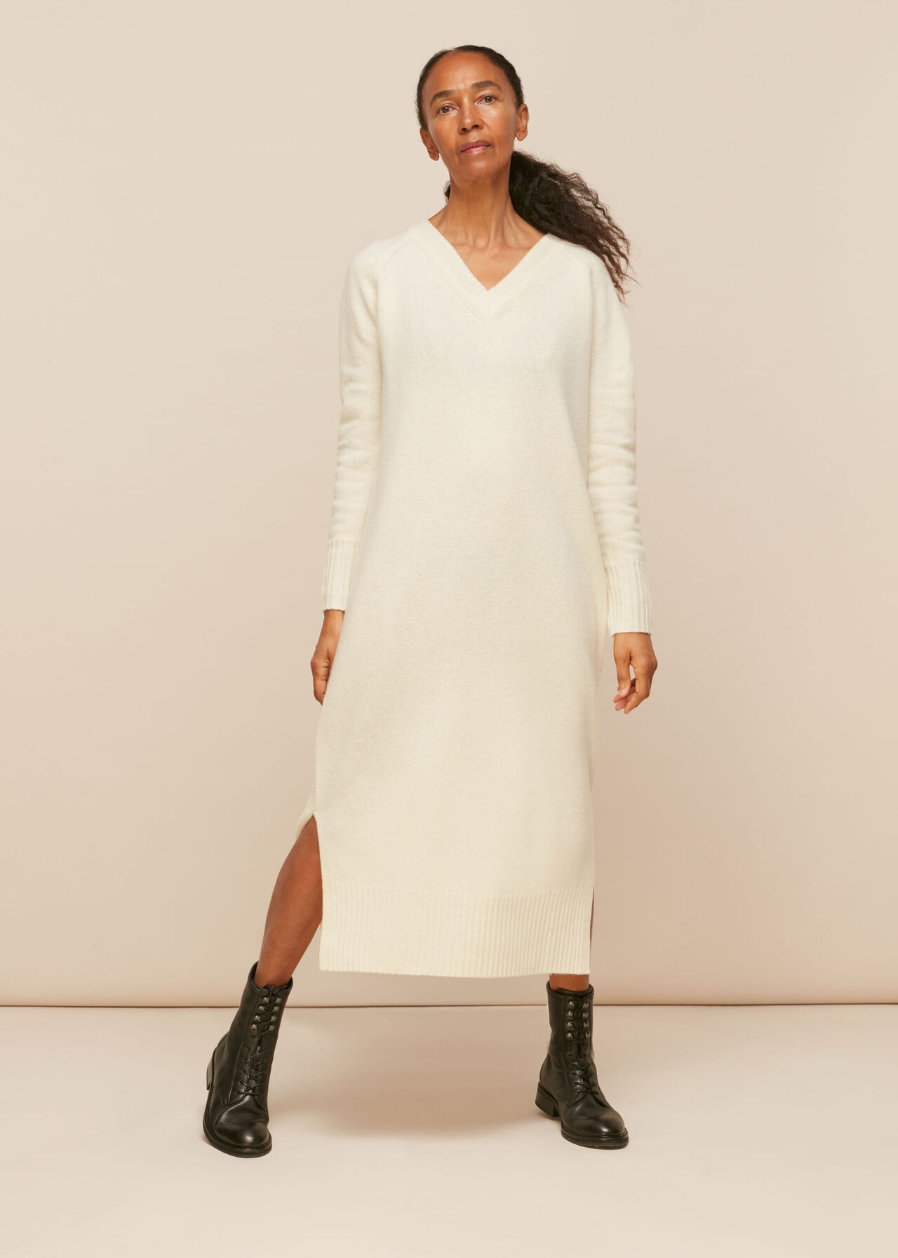 Ivory V Neck Knitted Dress, WHISTLES