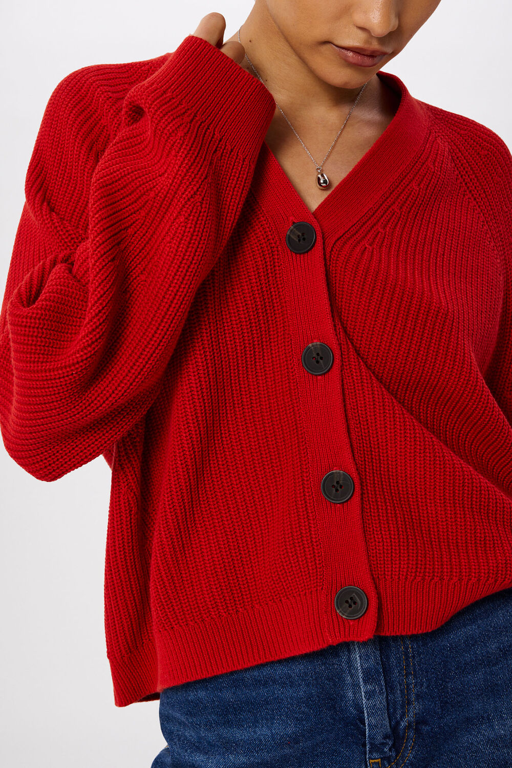 Red Petite V Neck Cotton Cardigan
