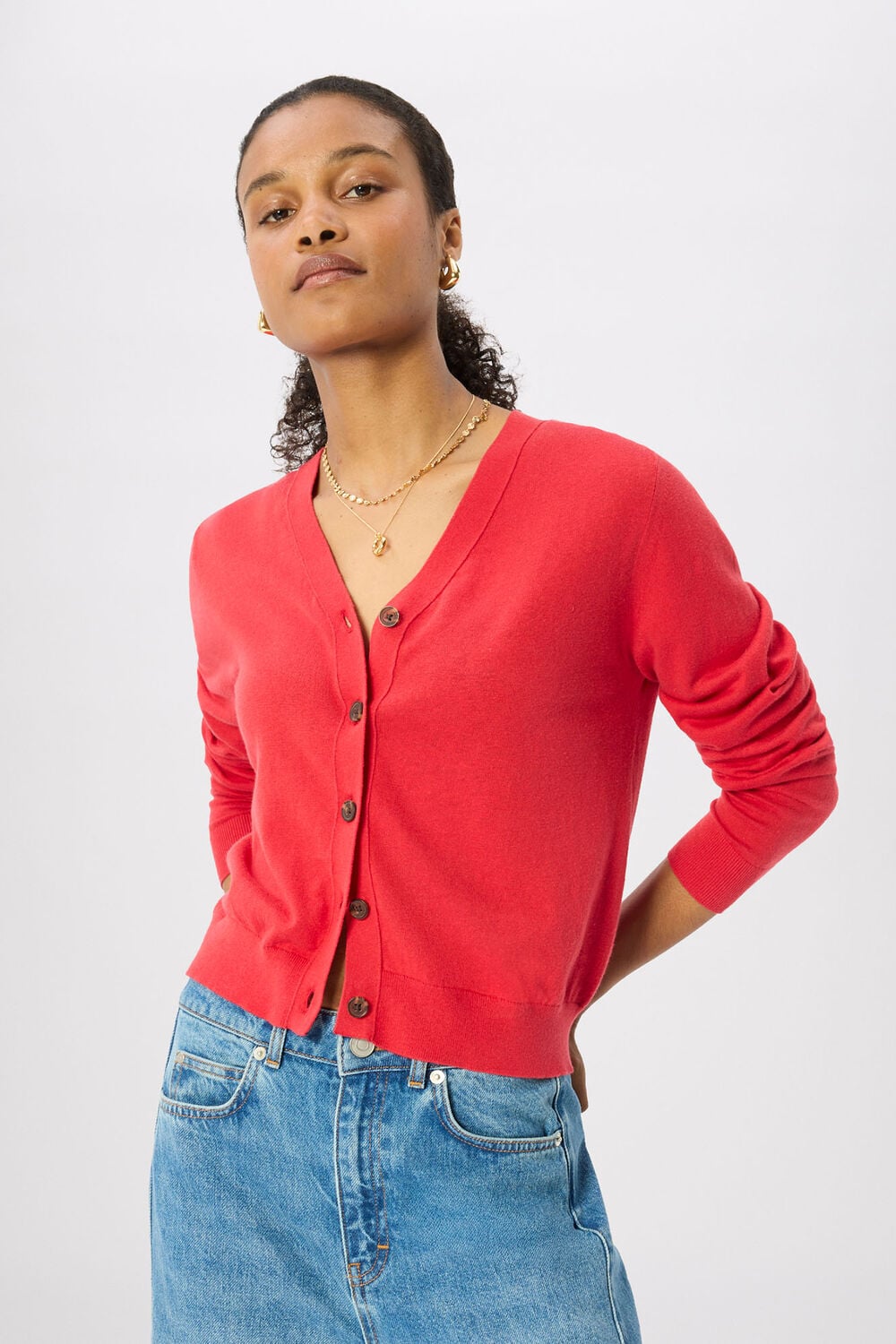 Red V Neck Linen Cardigan