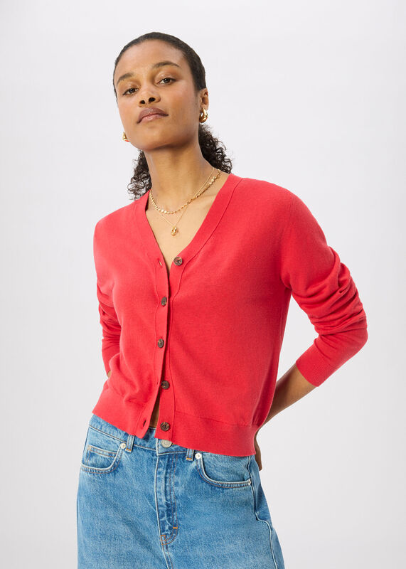 Red V Neck Linen Cardigan