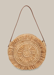 Lottie Round Straw Fringe Tote Neutral