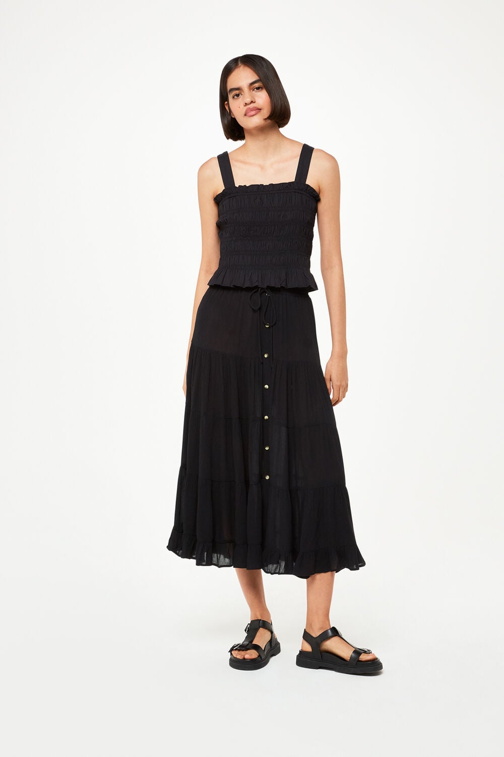 Black Button Front Crinkle Skirt