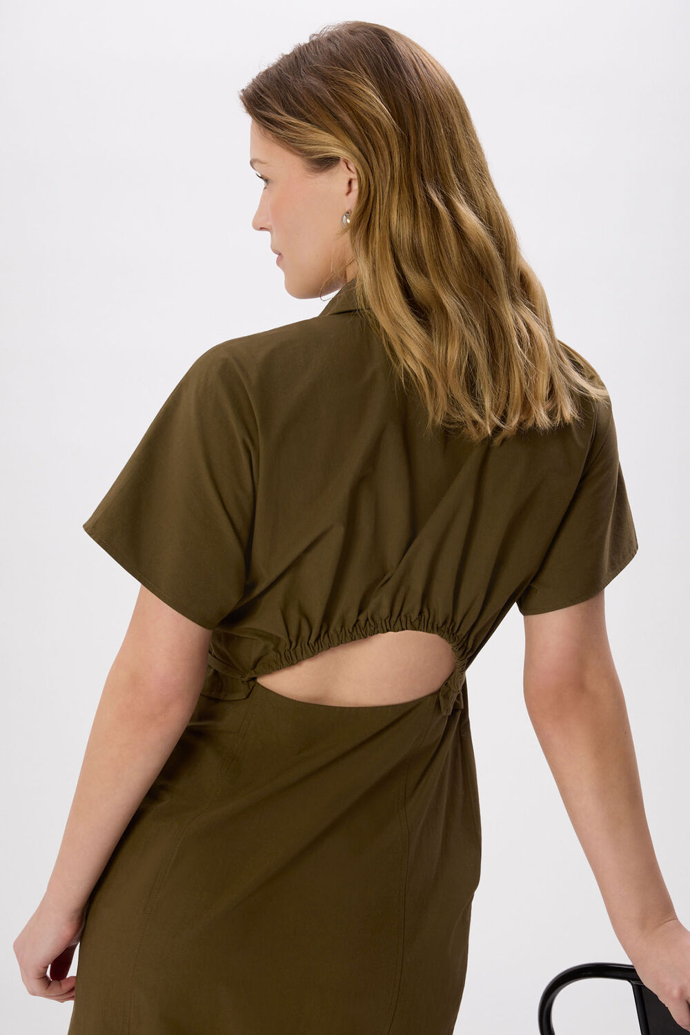 Khaki Cut Out Back Poplin Midi Dress