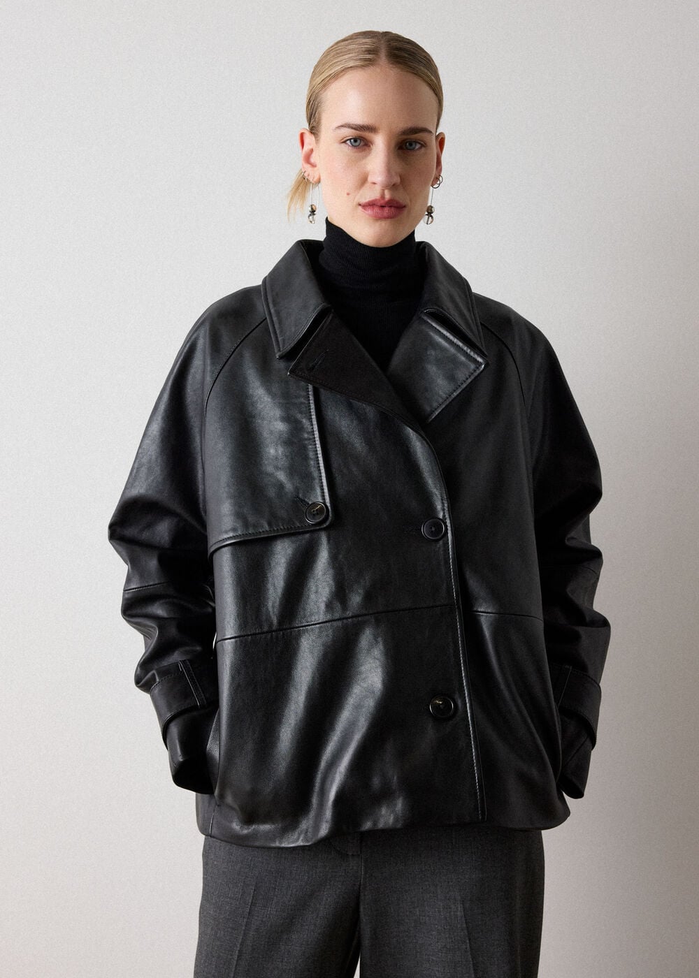 Black Short Leather Trench