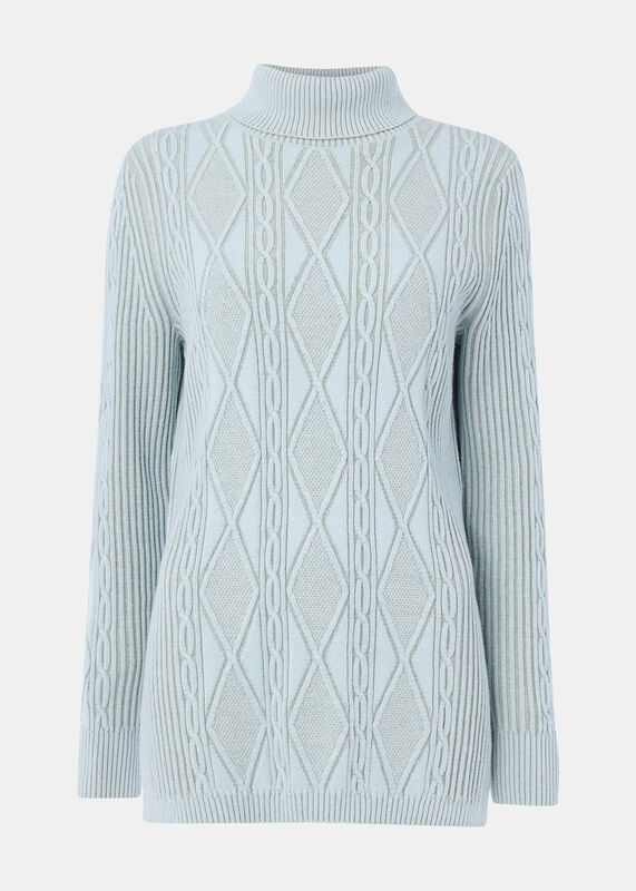 Blue Aoife Fine Cable Turtleneck Sweater