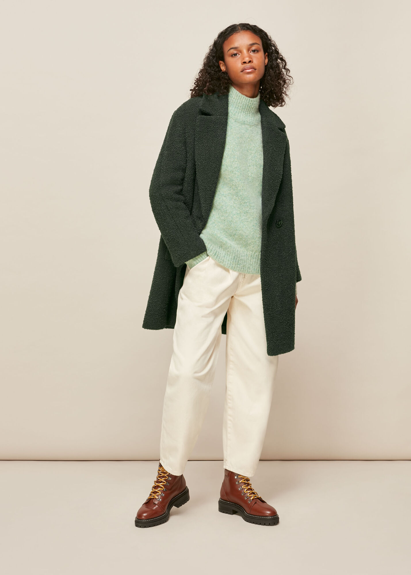 Dark Green Boucle Double Breasted Coat WHISTLES