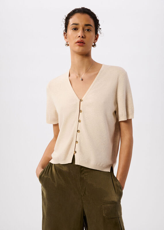 Oatmeal Short Sleeve Button Front Knit