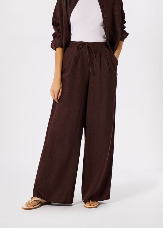 Brown Petite Wide Leg Linen Trouser