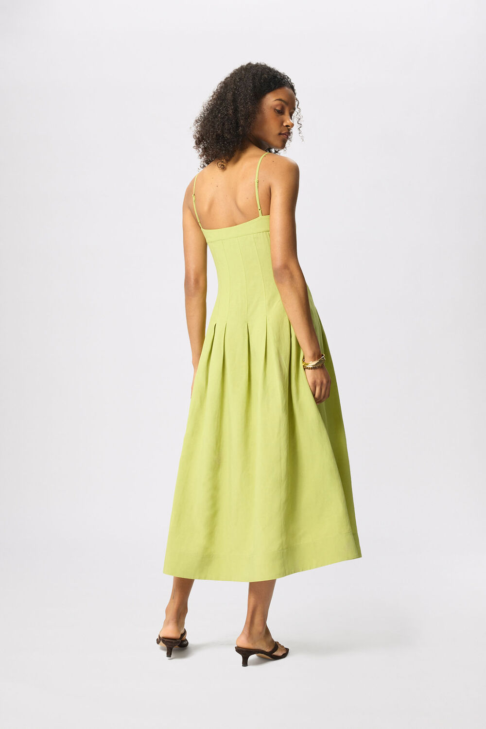Green Linen Blend Waisted Midi Dress