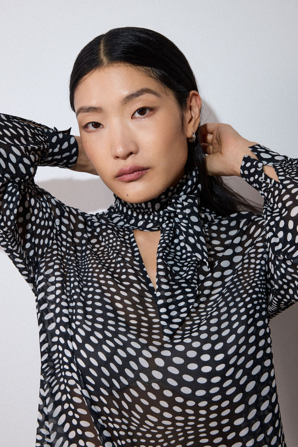 Black Mixed Spot Scarf Sheer Blouse
