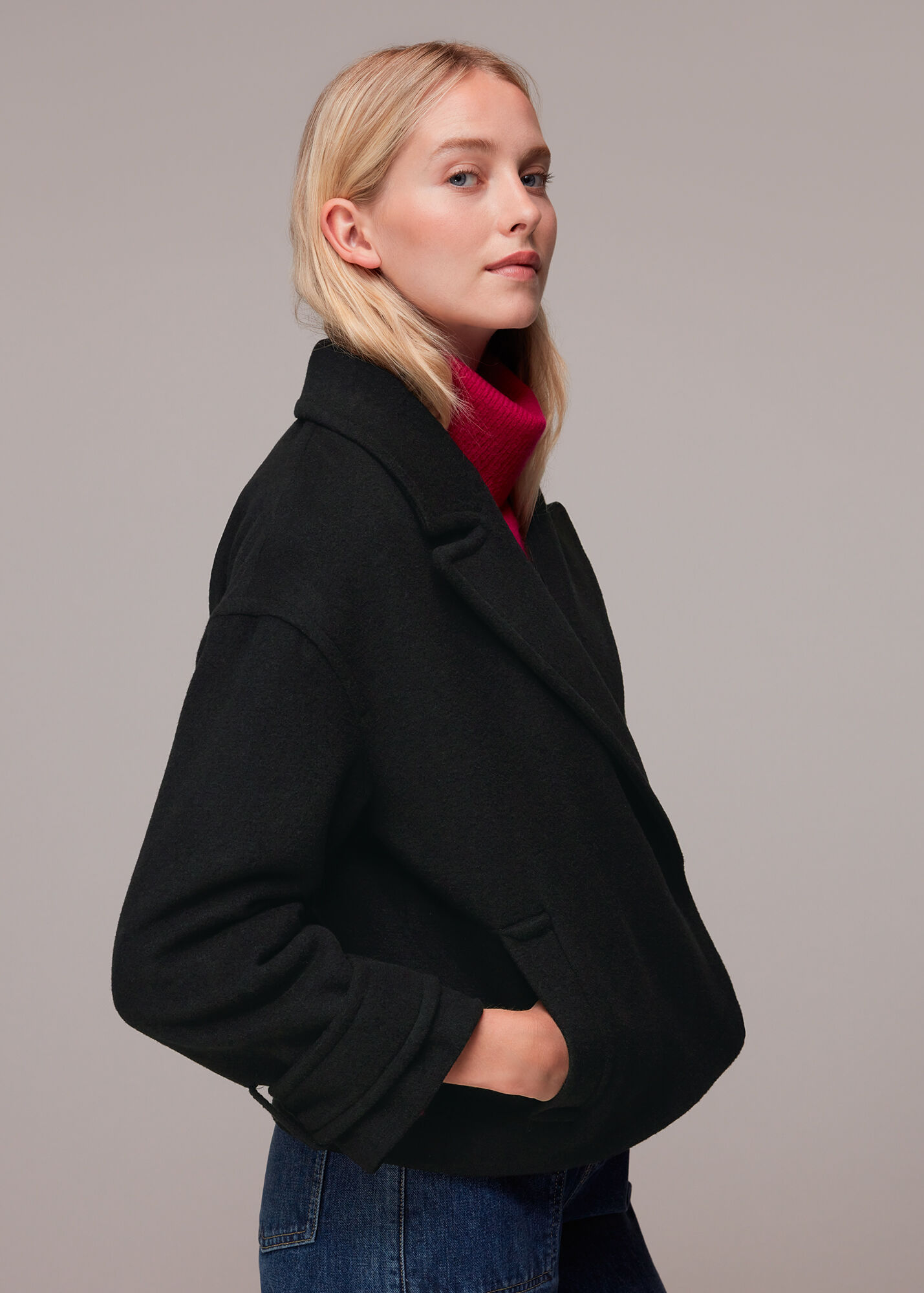 Black Relaxed Cropped Wool Coat WHISTLES Whistles UK