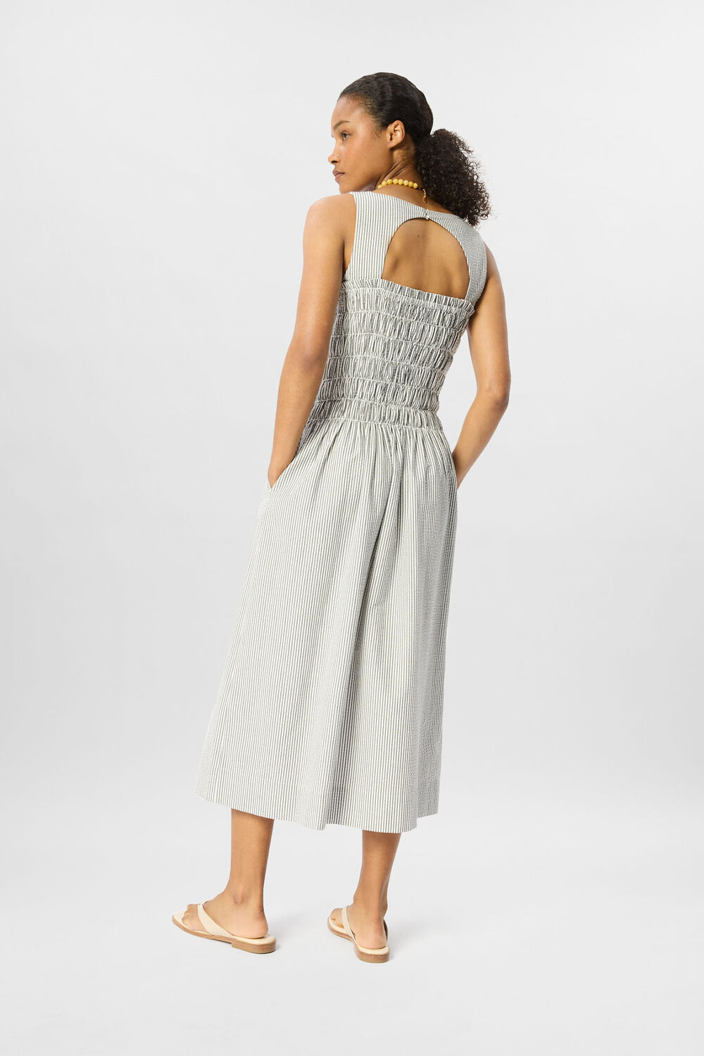 White Seersucker Ruched Bodice Dress