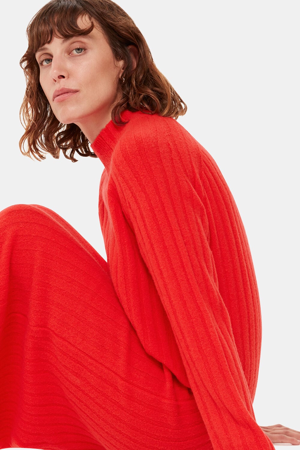 Red Ribbed Knitted Midi Sweater Dress