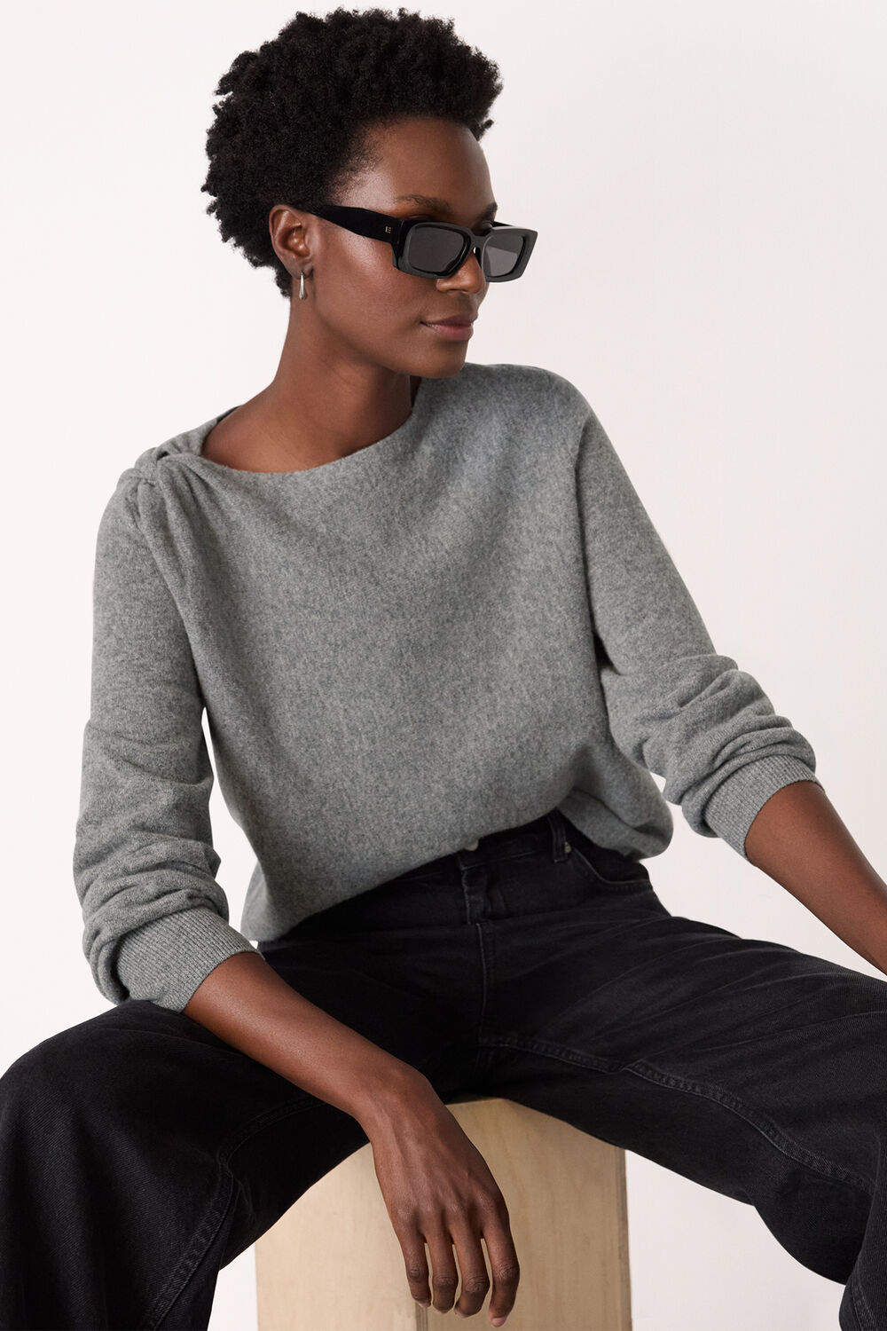 Grey Wool Twist Front Detail Knit