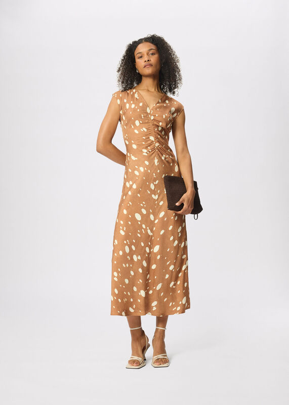 Brown Sleeveless Spot Viscose Midi Dress