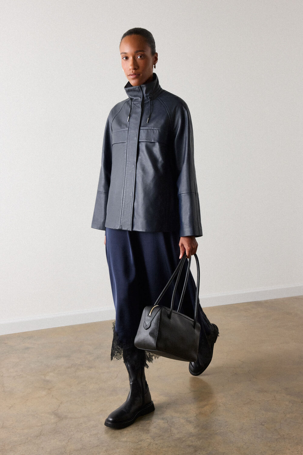 Navy Leather Funnel Neck Anorak
