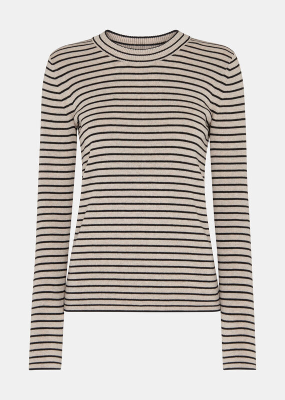 Black Fine Crew Neck Stripe Sweater