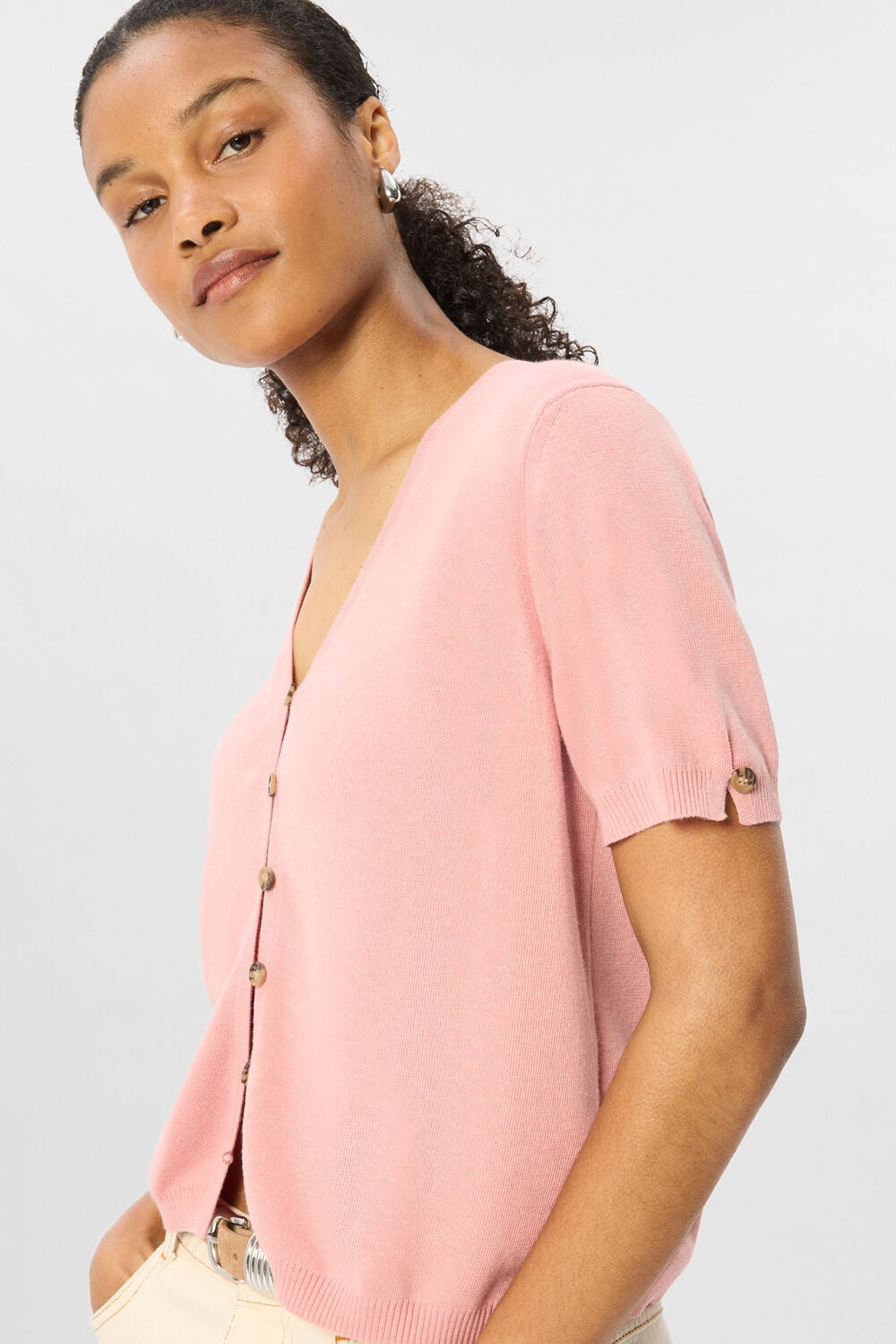Pink Short Sleeve Button Front Knit