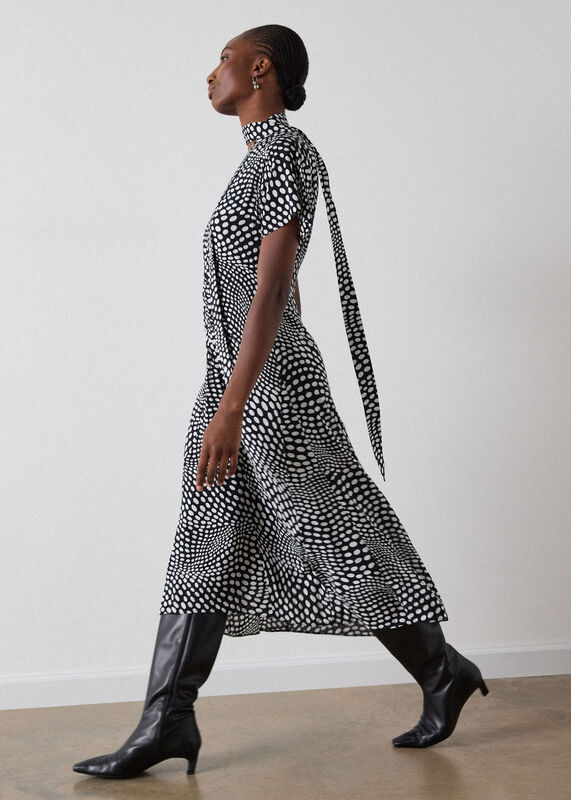 Black Mixed Spot V Neck Midi Dress