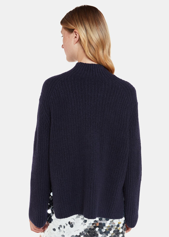 Navy Wool Mix Rib Funnel Neck