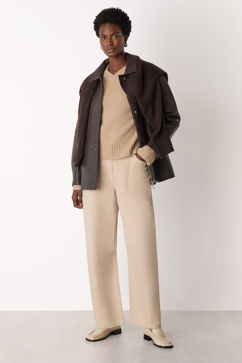Camel Wool Ribbed Sleeve V Neck Knit