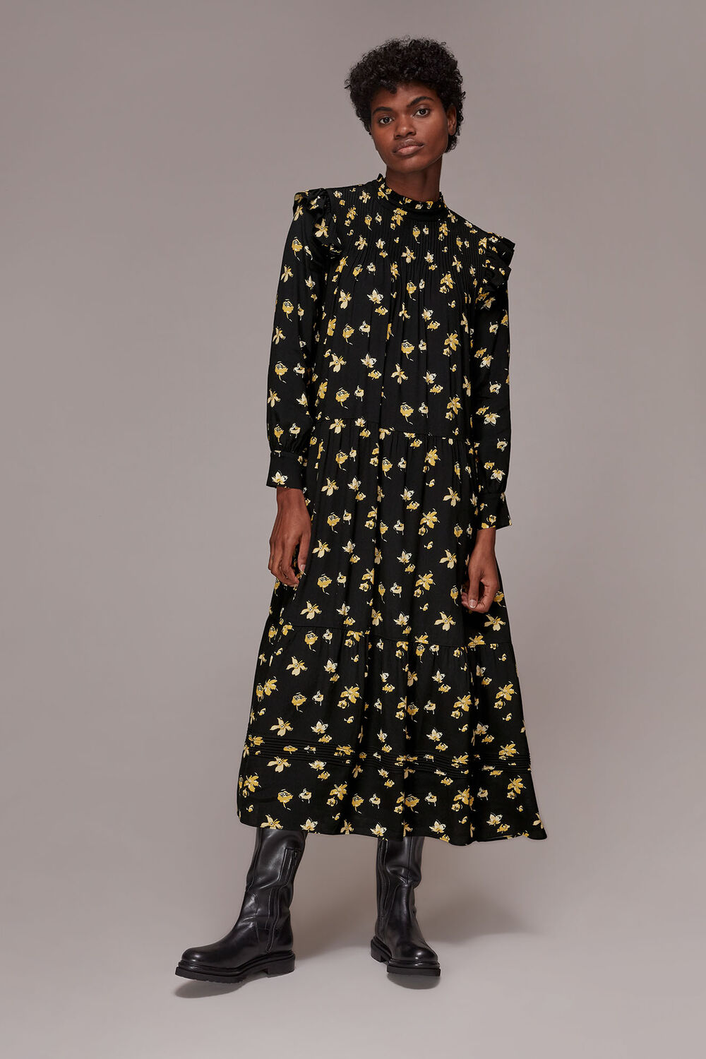 Black Falling Floral Midi Dress