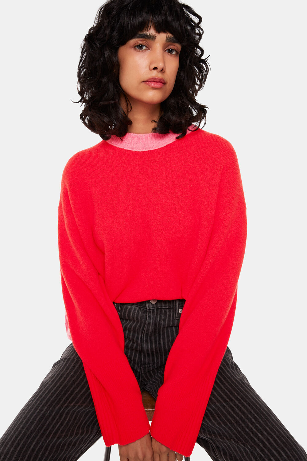 Red Color block Crew Neck Sweater
