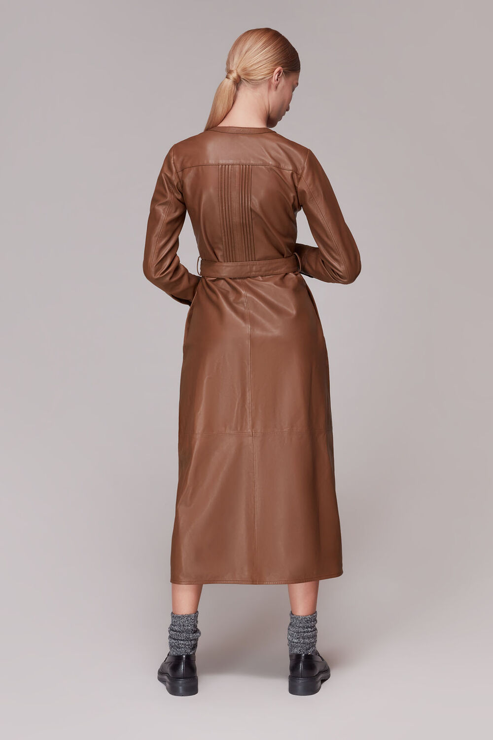 Toffee Pintuck Leather Midi Dress