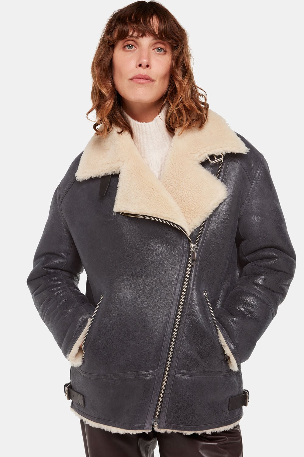 Navy Annika Leather Aviator Jacket
