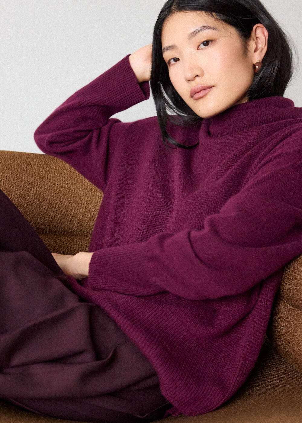 Burgundy Cashmere Seam Roll Neck Knit