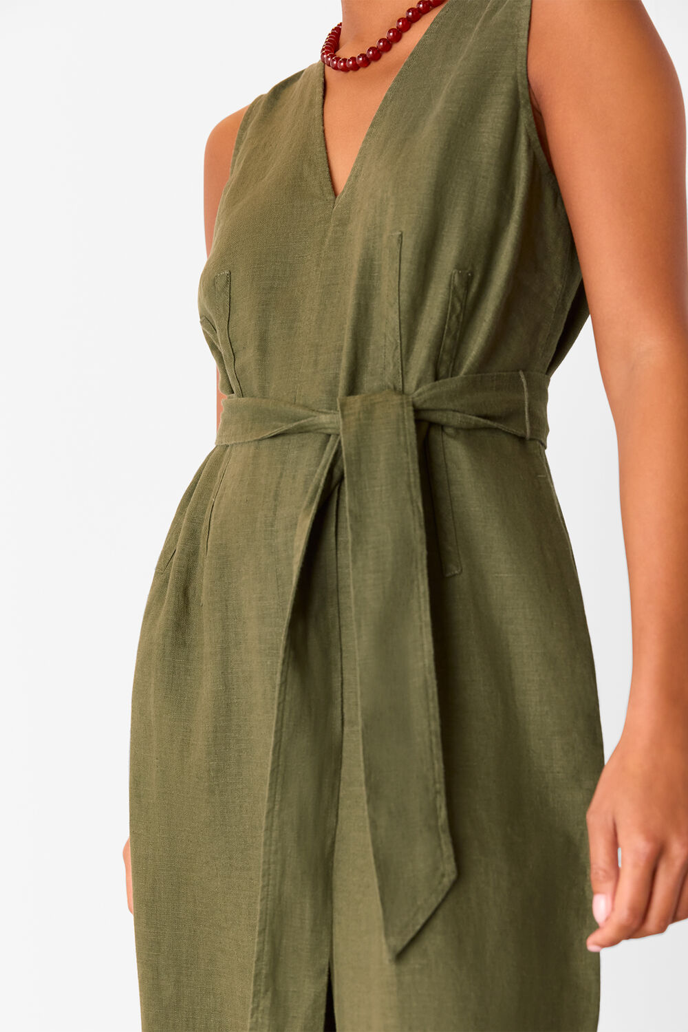 Khaki Petite Belted Seamed Linen Jumpsuit