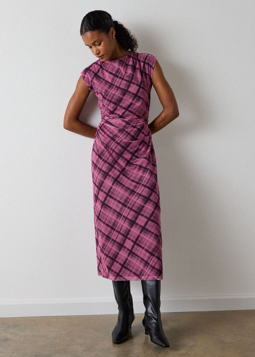 Check Mesh Midi Dress