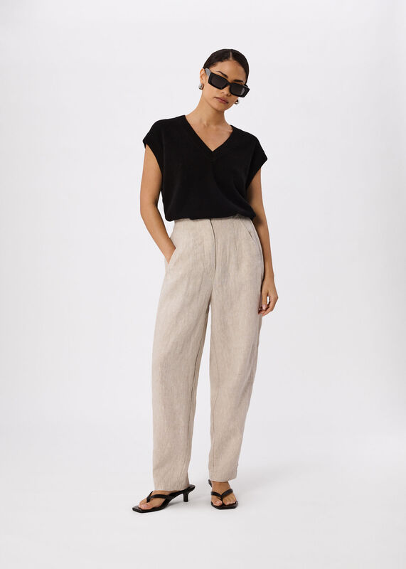 Oatmeal Petite Linen Barrel Leg Trouser