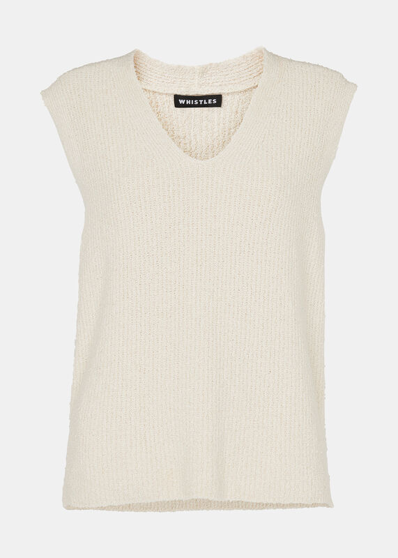 Ivory Cotton Textured V Neck Sweater Vest