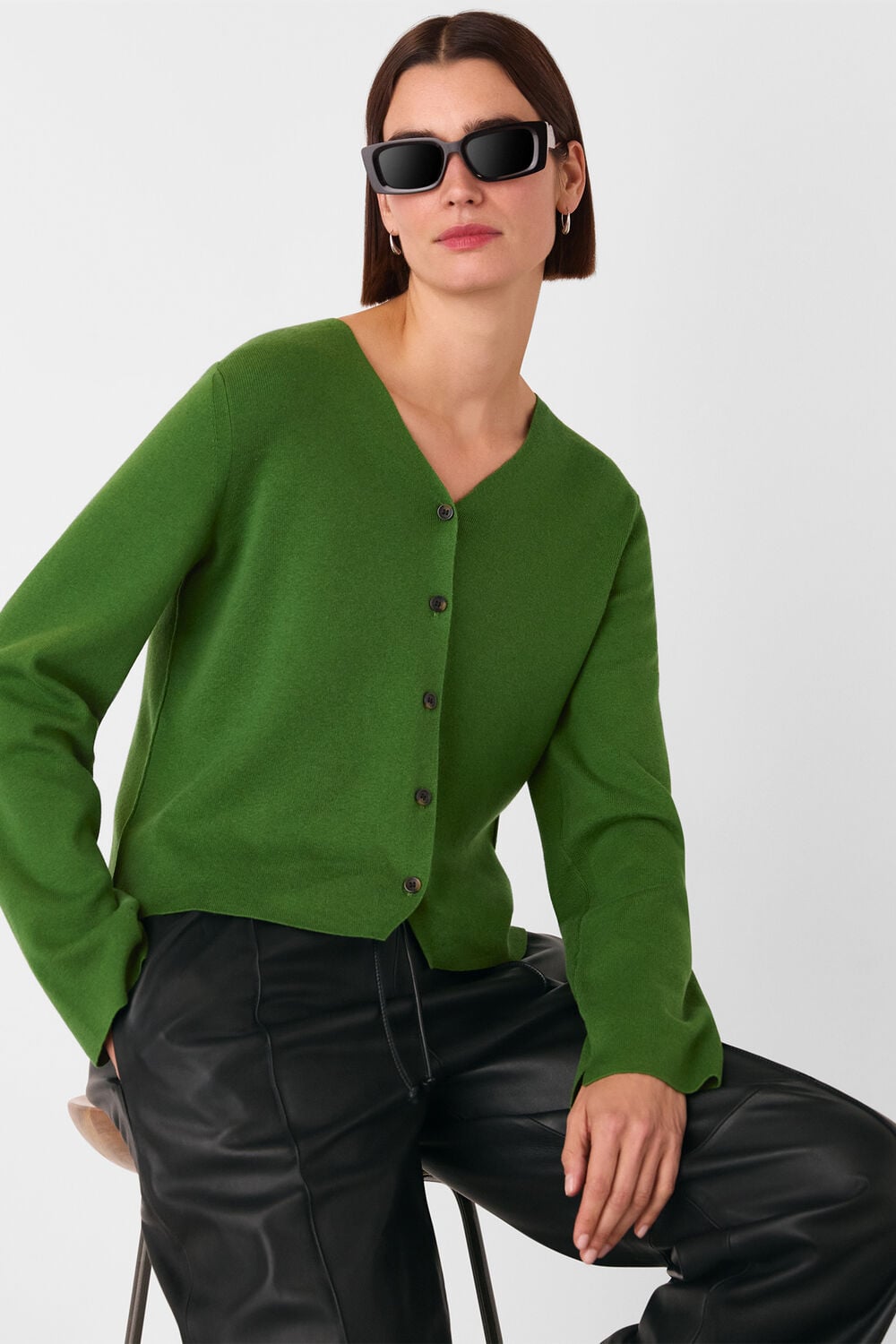 Green V Neck Button Front Cardigan
