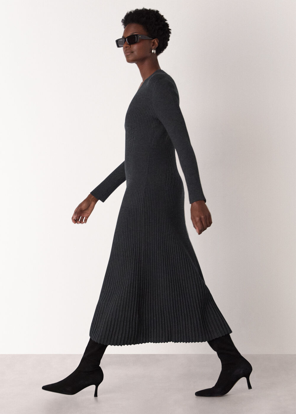 V Neck Cable Ribbed Knit Dress