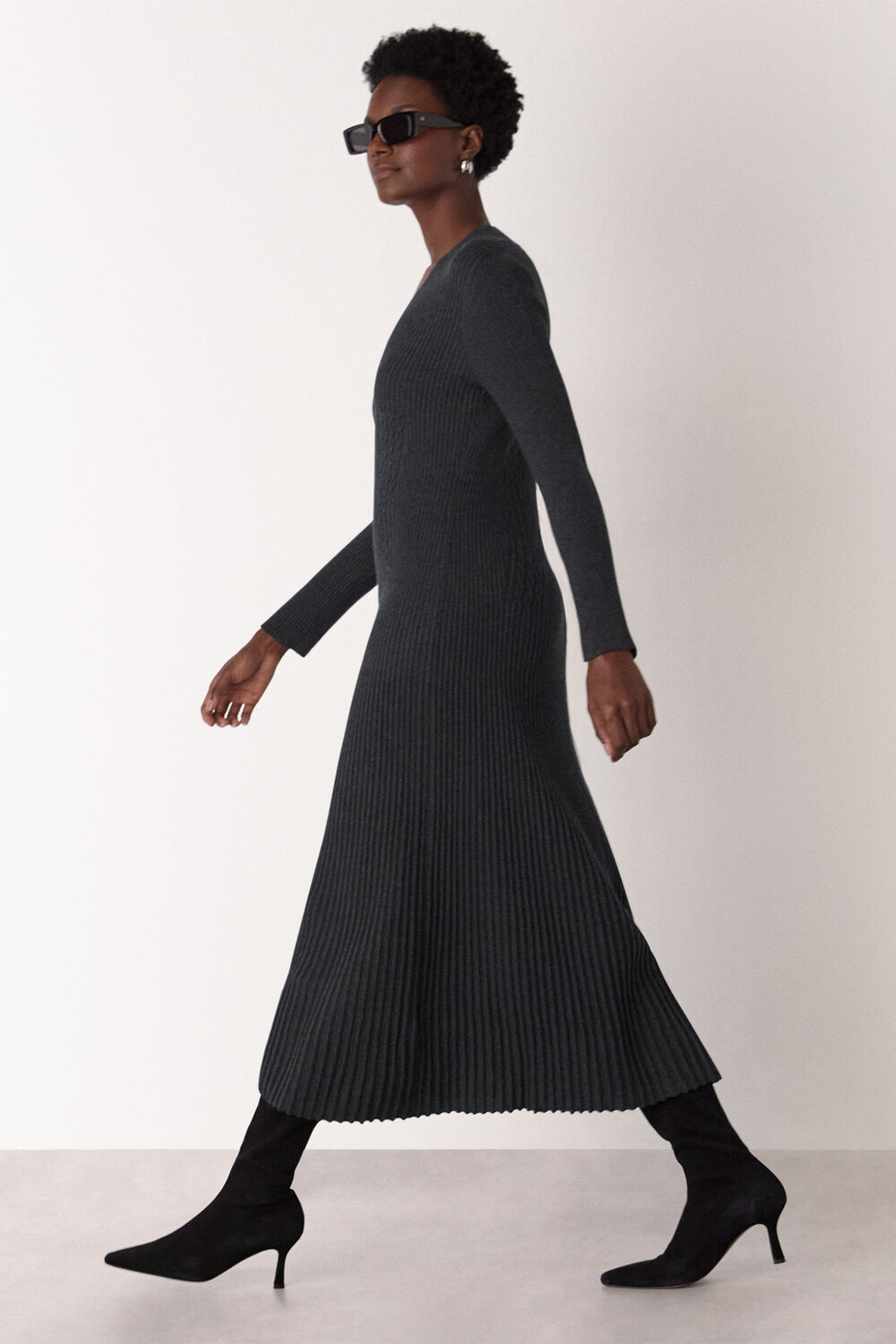 V Neck Cable Ribbed Knit Dress